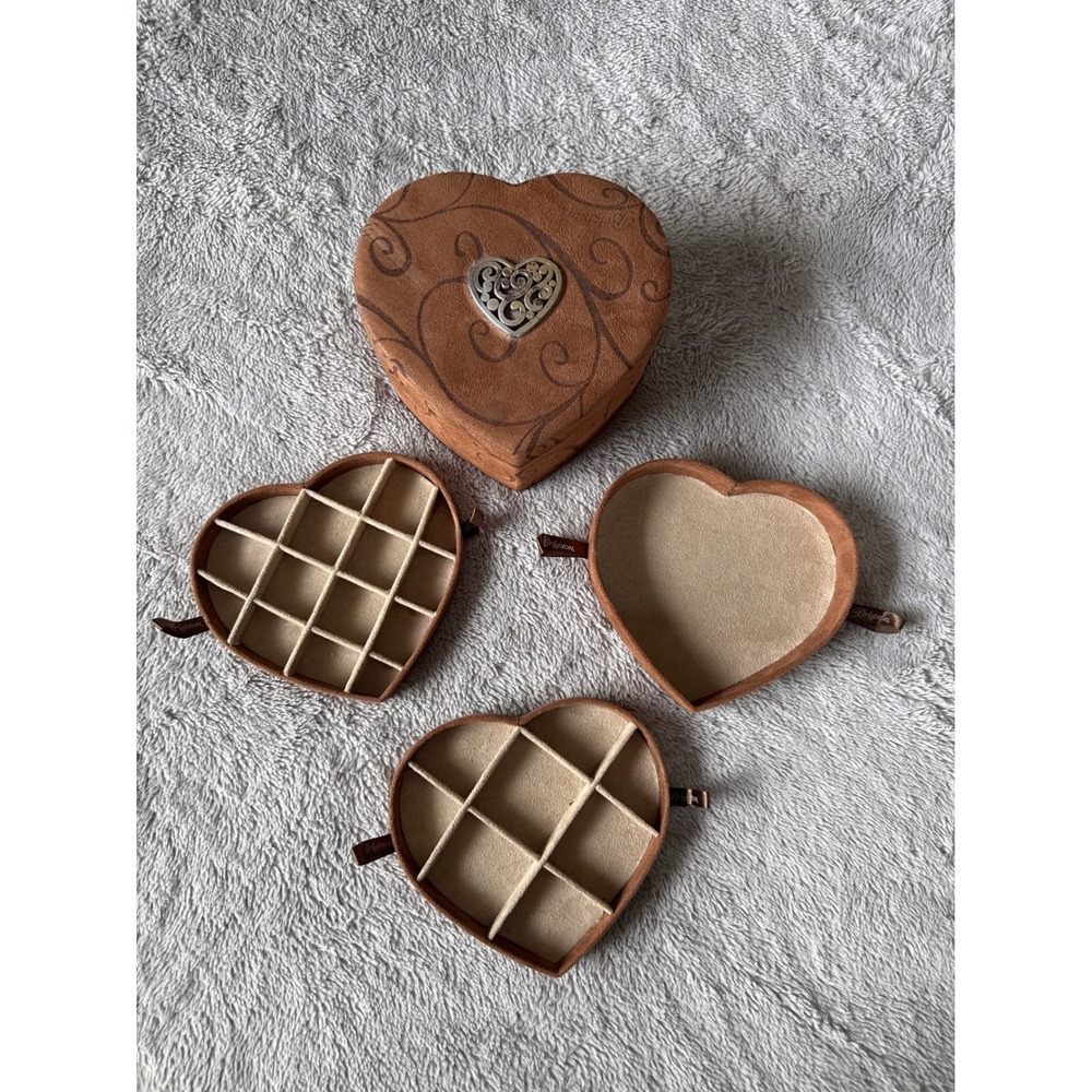 Brighton Heart Shaped Jewelry Box Brown Faux Suede Scroll Multi Level Organizer